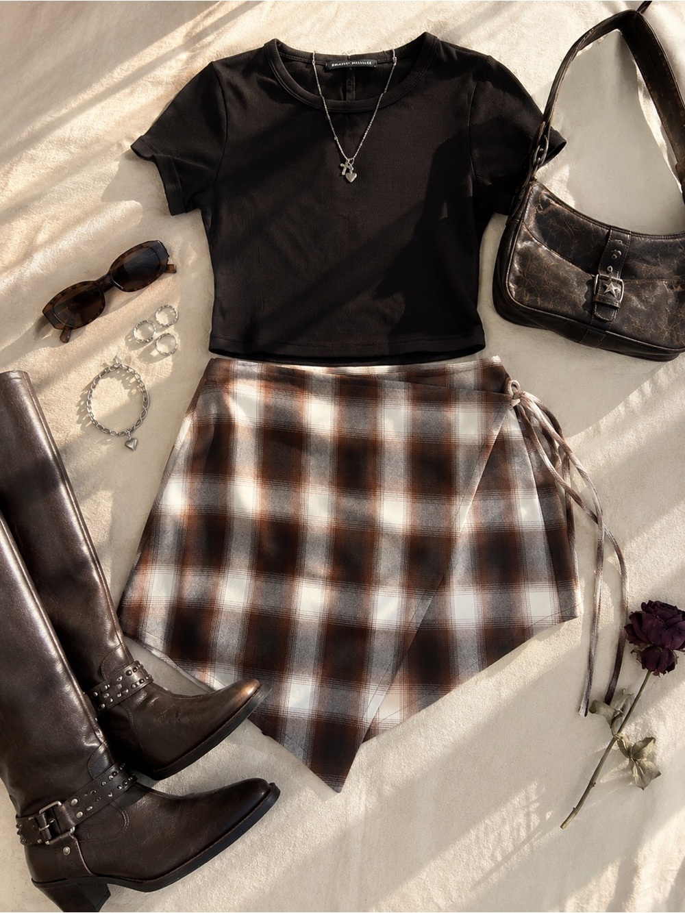 Dolls Kill Brown & Cream Plaid Wrap Mini Skirt XXL NWT